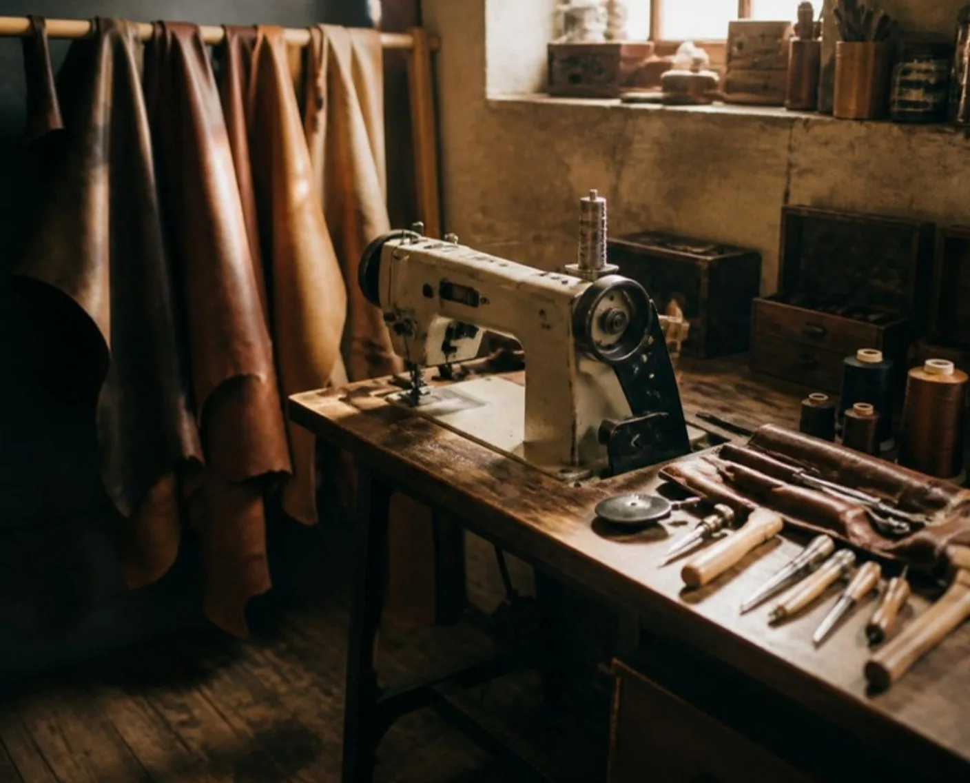 Inside the ForgeHide workshop: hides on the rail, the walking-foot machine and hand tools